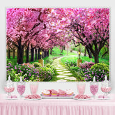 Lofaris Peach Blossom And Green Grassland Spring Theme Backdrop
